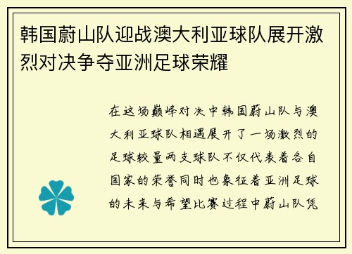 韩国蔚山队迎战澳大利亚球队展开激烈对决争夺亚洲足球荣耀
